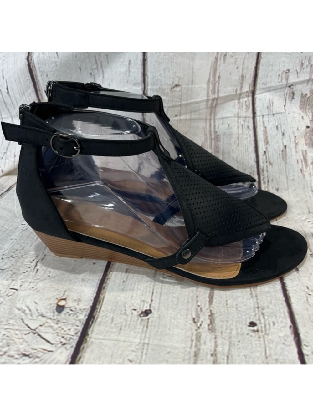 CATHERINE MALANDRINO Black "Romy" Ankle Strap Wedge Sandal Vegan Leather-9